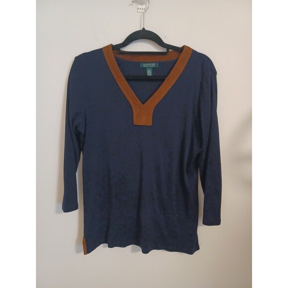 Lauren Ralph Lauren Faux Suede Trim Tunic Large Navy Blue Long Sleeve Preppy - Picture 2 of 7